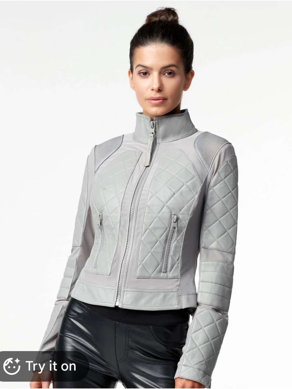 blanc noir Quilted Light Gray Leather Zip Jacket